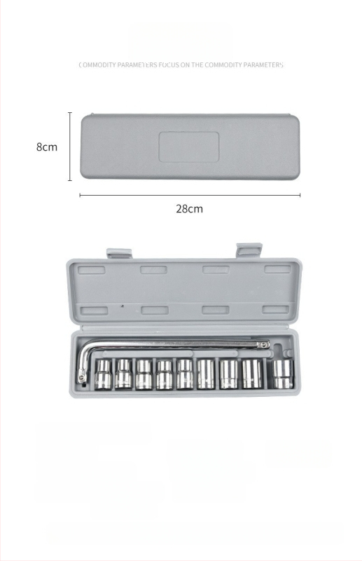 Dešimties dalių lizdinių raktų rinkinys automobilių ir motociklų remontui, iš aukštos anglies plieno, su įrankių dėžute