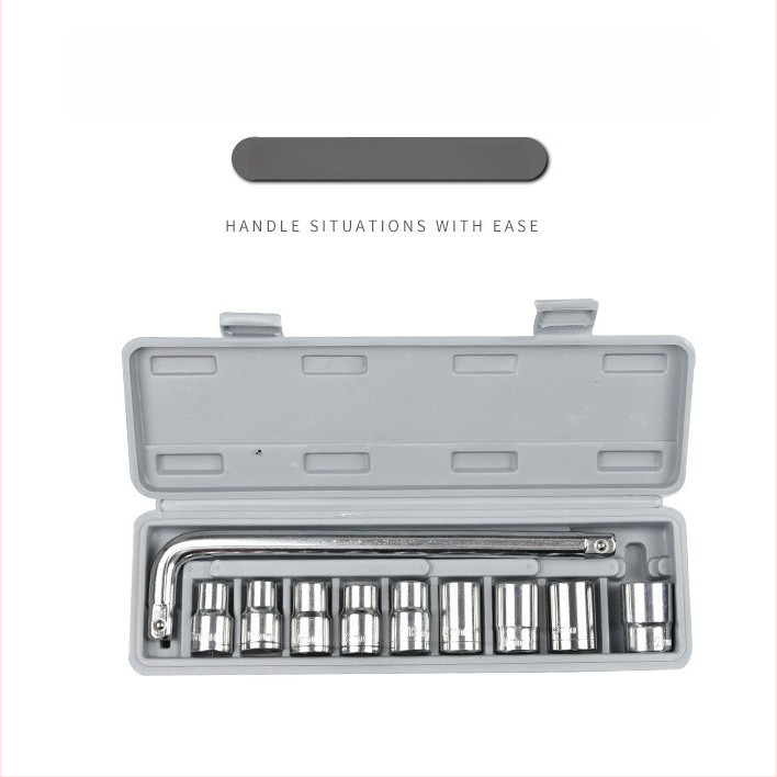 Dešimties dalių lizdinių raktų rinkinys automobilių ir motociklų remontui, iš aukštos anglies plieno, su įrankių dėžute