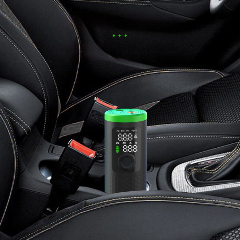 Nešiojama belaidė oro pompa automobiliams, motociklams, dviračiams ir kamuoliukams; vieno cilindro dizainas; oro srautas 25 L/min; skaitmeninis ekranas; baterija 7.4V 18.5Wh; svoris 432 g