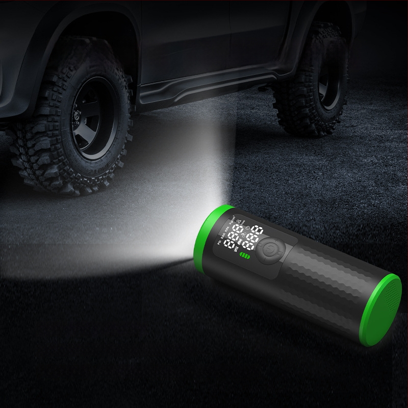 Nešiojama belaidė oro pompa automobiliams, motociklams, dviračiams ir kamuoliukams; vieno cilindro dizainas; oro srautas 25 L/min; skaitmeninis ekranas; baterija 7.4V 18.5Wh; svoris 432 g