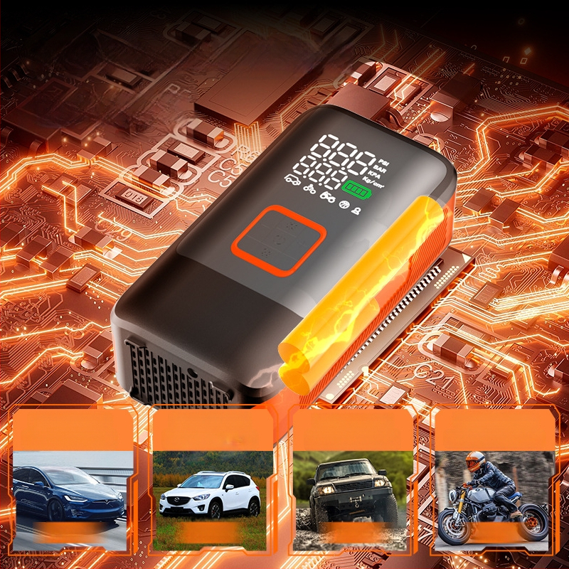 Kompaktiška belaidė dviejų cilindrų automobilių oro siurblys — 12V, 100W, 50 cm žarna, skaitmeninis ekranas