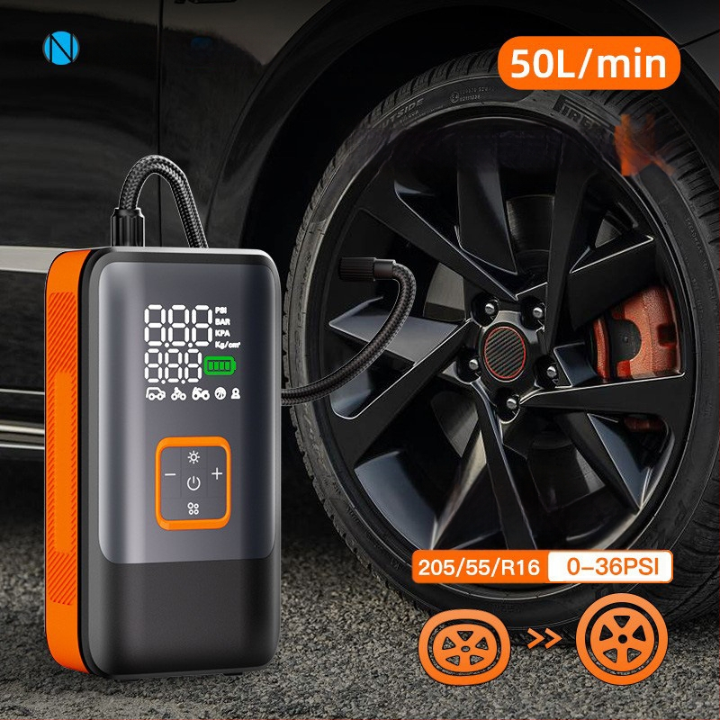 Kompaktiška belaidė dviejų cilindrų automobilių oro siurblys — 12V, 100W, 50 cm žarna, skaitmeninis ekranas