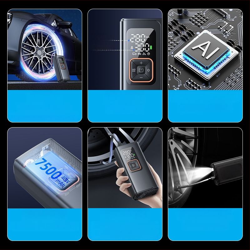 Belaidinė automobilių oro pompa, dviejų 19 cilindrų belaidė, 130W inflatorius, 7500mAh Type-C įkrovimas, 40 L/min, skirta automobiliams, motociklams, elektrinėms transporto priemonėms ir dviračiams, su skaitmeniniu displeju
