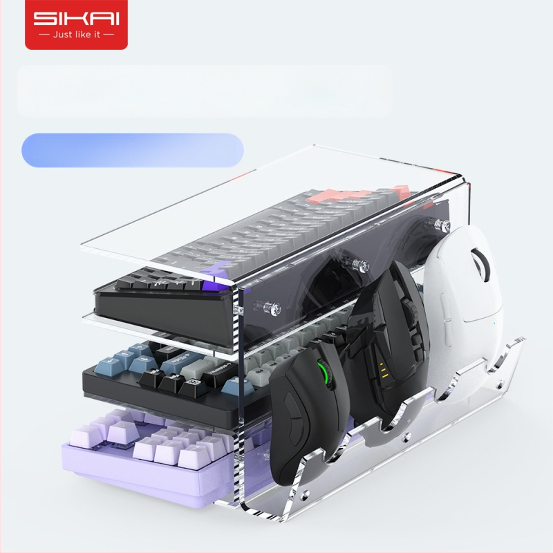 Mechaninės klaviatūros demonstracinis stovas su daugiasluoksnėmis lentynomis ir pelės saugyklos spintelė stalo naudojimui