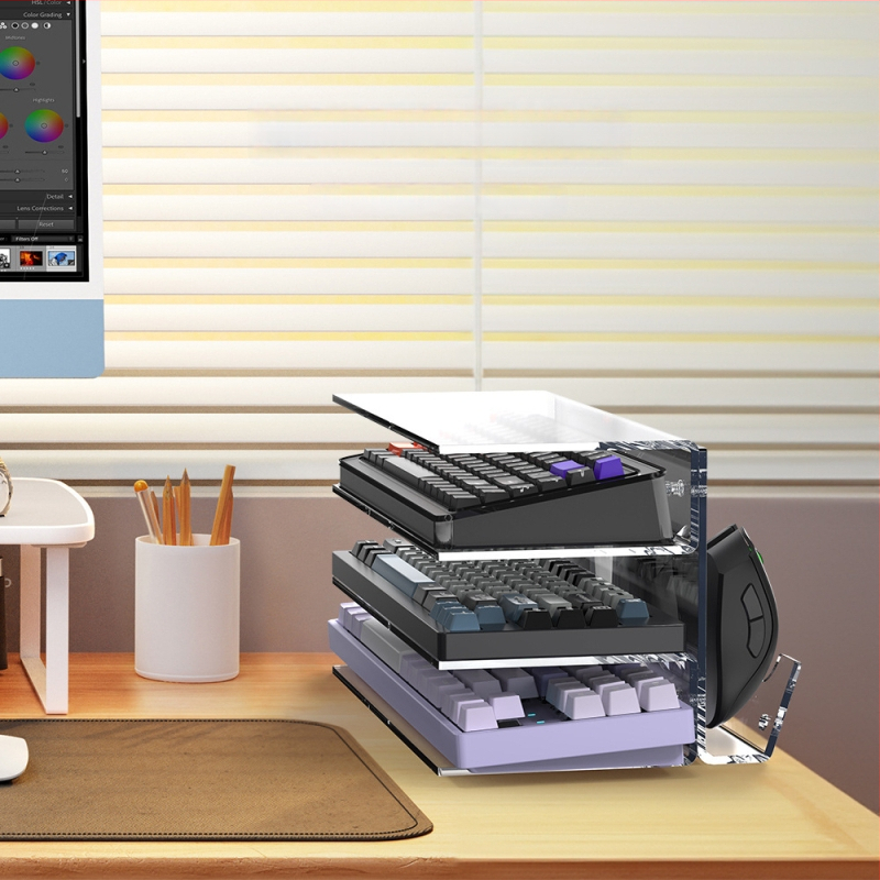 Mechaninės klaviatūros demonstracinis stovas su daugiasluoksnėmis lentynomis ir pelės saugyklos spintelė stalo naudojimui