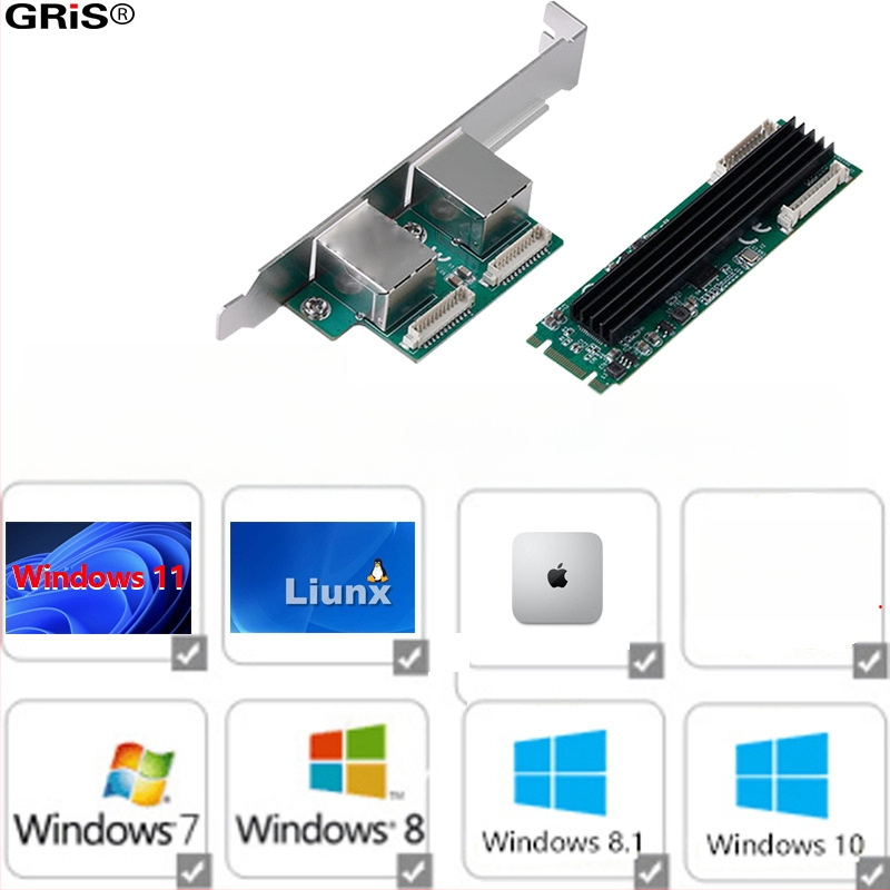 GRIS M.2 dviejų prievadų tinklo plokštė, RJ-45, 10/100/1000 Mbps, M-B Key, Fast Ethernet