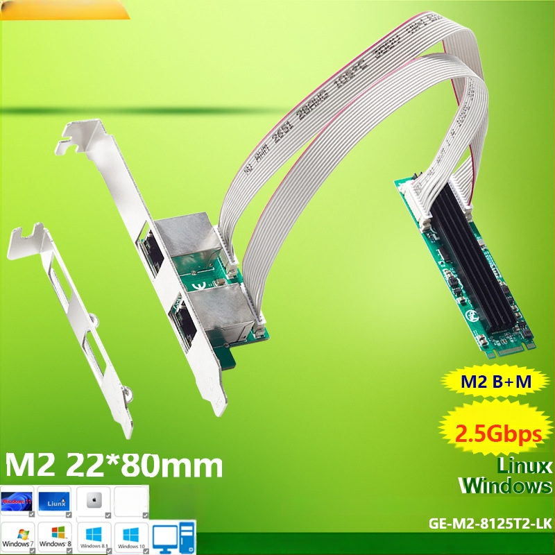 GRIS M.2 dviejų prievadų tinklo plokštė, RJ-45, 10/100/1000 Mbps, M-B Key, Fast Ethernet