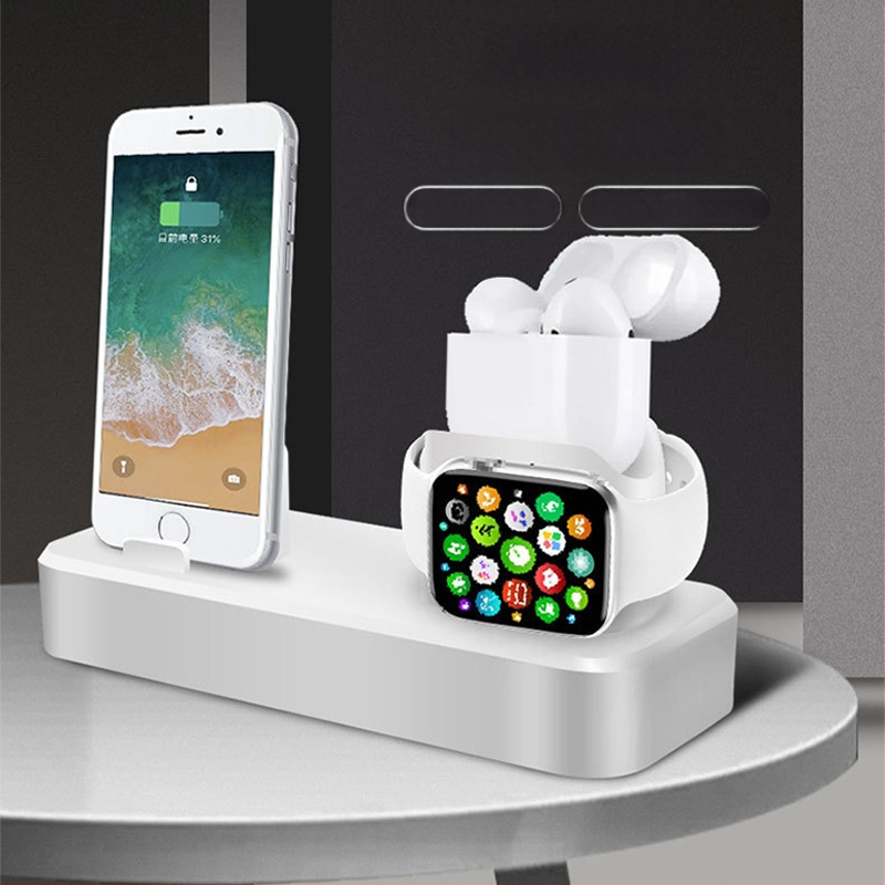 3-in-1 įkrovimo pagrindas su kabelių saugykla – skirtas iPhone, Apple Watch, išmaniajam telefonui ir ausinėms – TPU, paprastas stilus