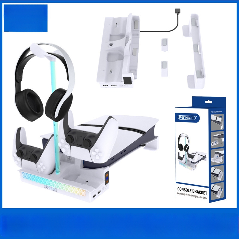 Horizontni stalak za PS5 Pro / PS5 Slim s ugrađenim rashladnim ventilatorom, punjačem za kontrolere i nosačem za slušalice