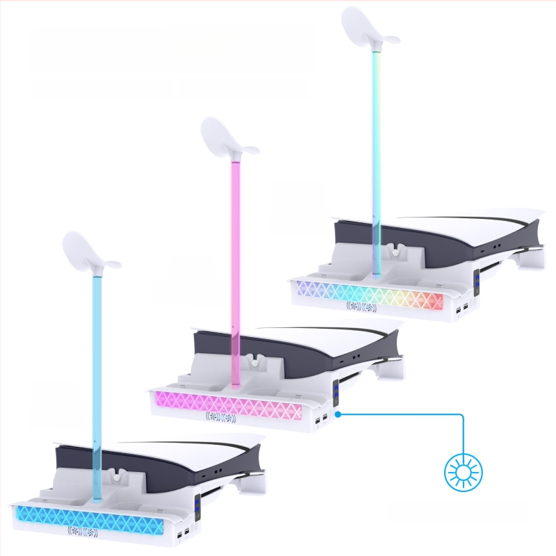 Horizontni stalak za PS5 Pro / PS5 Slim s ugrađenim rashladnim ventilatorom, punjačem za kontrolere i nosačem za slušalice