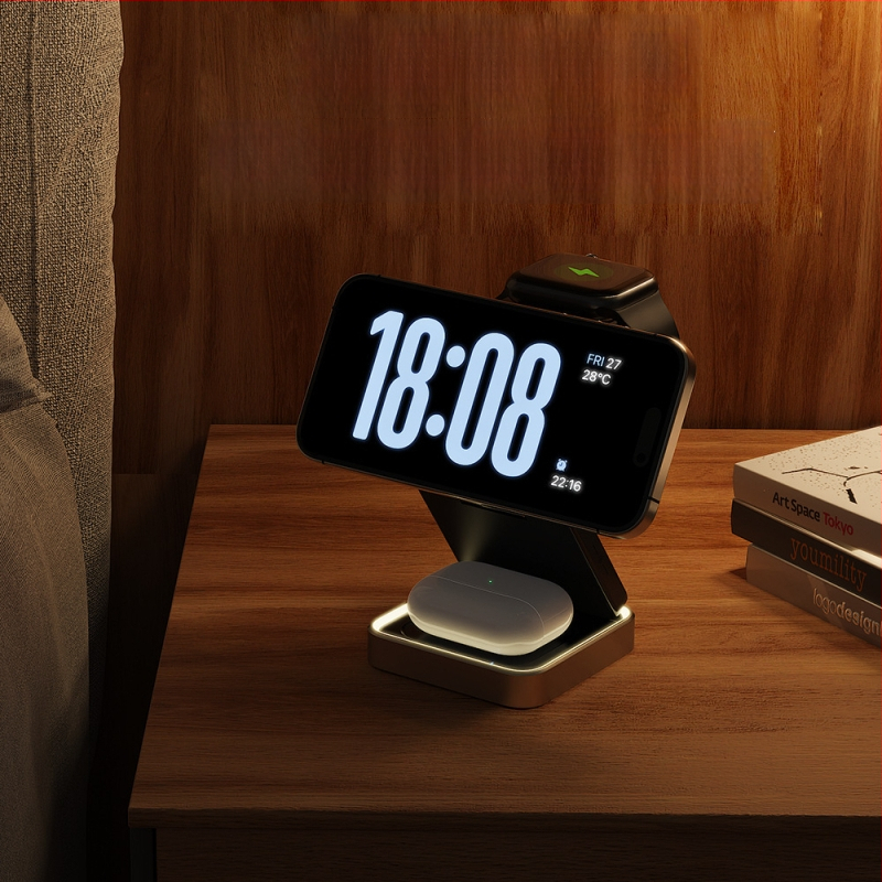 3-in-1 magnetinis sulankstomas metalo belaidis įkroviklis iPhone 16, ausinėms ir Apple Watch – maks. 15W, QC3.0
