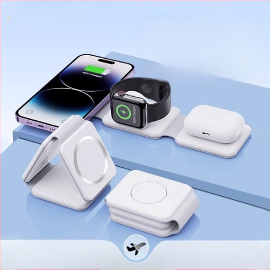 3-in-1 MagSafe belaidžio įkroviklio sulankstomas dizainas skirtas telefonui, ausinėms ir laikrodžiui, QC3.0 greitas įkrovimas, maksimali galia 22,5 W