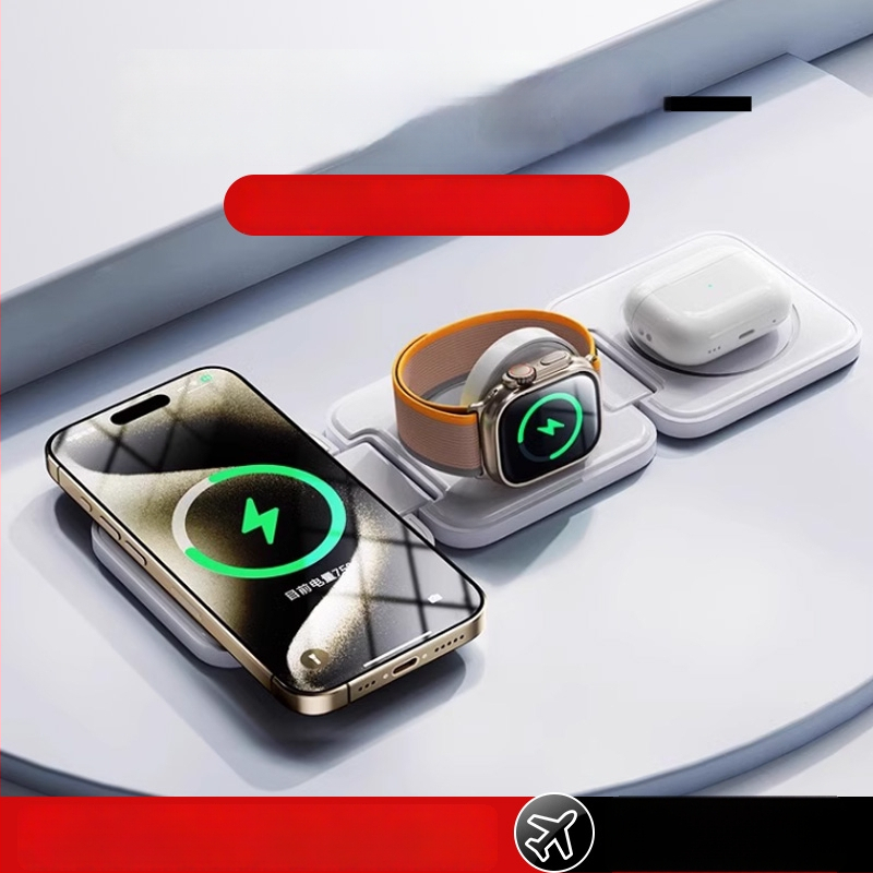 3-in-1 MagSafe belaidžio įkroviklio sulankstomas dizainas skirtas telefonui, ausinėms ir laikrodžiui, QC3.0 greitas įkrovimas, maksimali galia 22,5 W