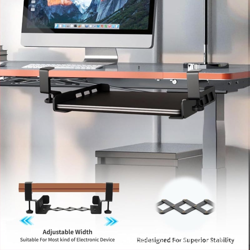 Nešiojamojo kompiuterio stovėklė po stalu, be gręžimo, reguliuojama, sulankstoma, su klaviatūros ir knygų laikymo vieta, modelis ZDS003