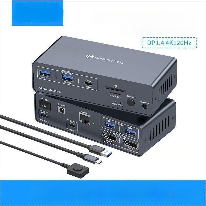 Hs-sw525 USB-C KVM prekidač: 2 USB-C ulazi, 2 DP 1.4 izlazi, 2× USB 3.0, 2× USB 3.2, 1× USB-C, slotovi SD/TF kartica