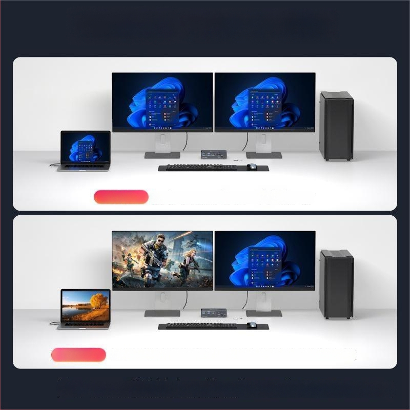 Hs-sw525 USB-C KVM prekidač: 2 USB-C ulazi, 2 DP 1.4 izlazi, 2× USB 3.0, 2× USB 3.2, 1× USB-C, slotovi SD/TF kartica