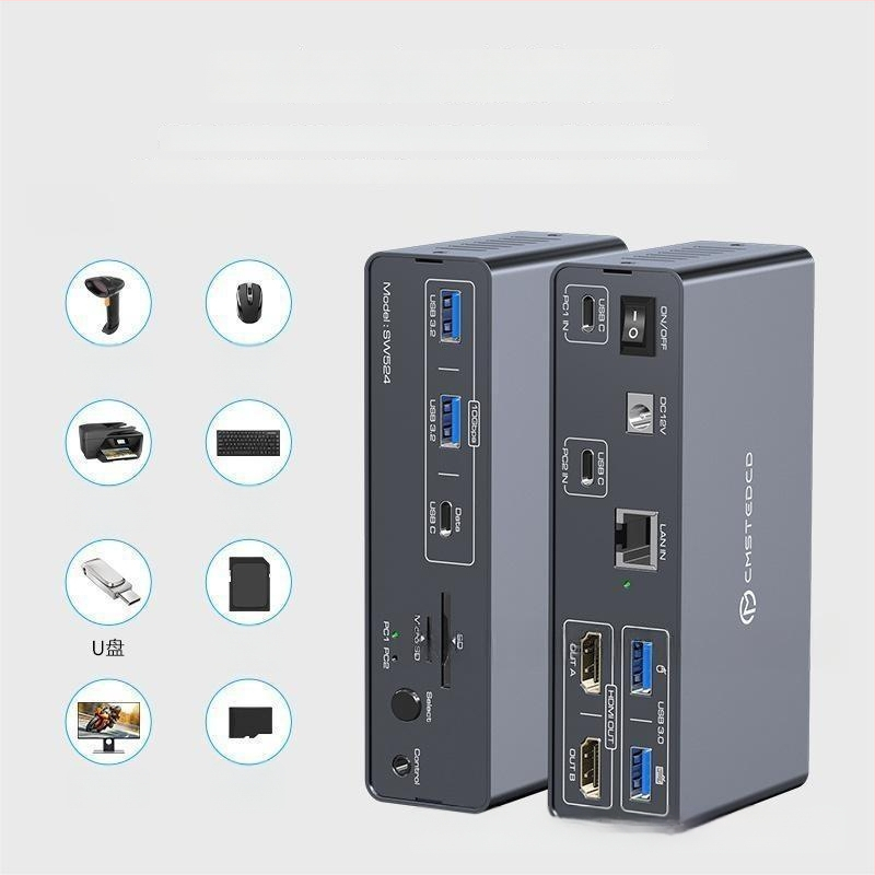 Hs-sw525 USB-C KVM prekidač: 2 USB-C ulazi, 2 DP 1.4 izlazi, 2× USB 3.0, 2× USB 3.2, 1× USB-C, slotovi SD/TF kartica