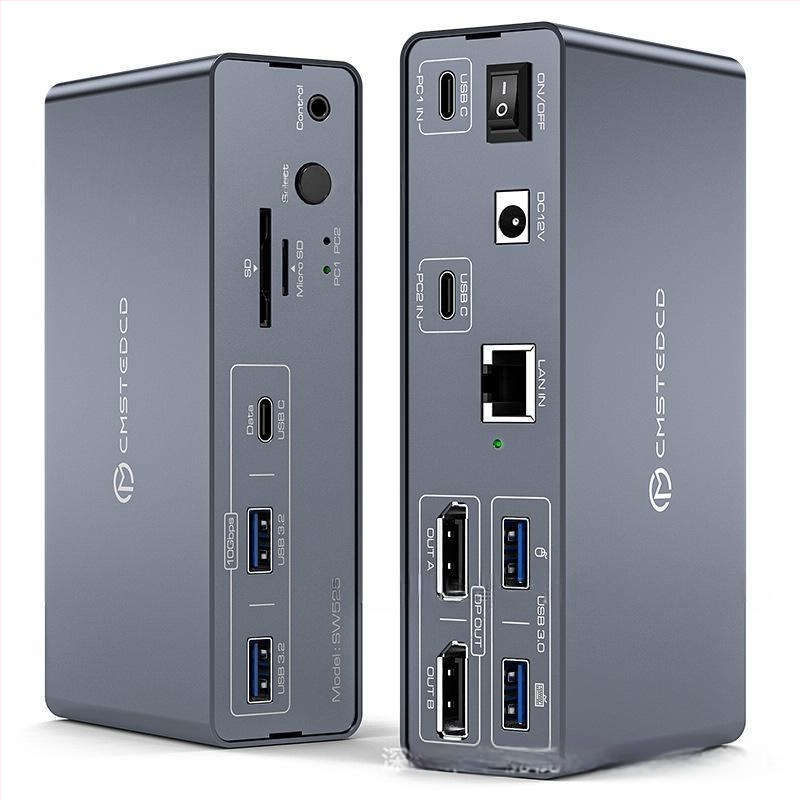 Hs-sw525 USB-C KVM prekidač: 2 USB-C ulazi, 2 DP 1.4 izlazi, 2× USB 3.0, 2× USB 3.2, 1× USB-C, slotovi SD/TF kartica