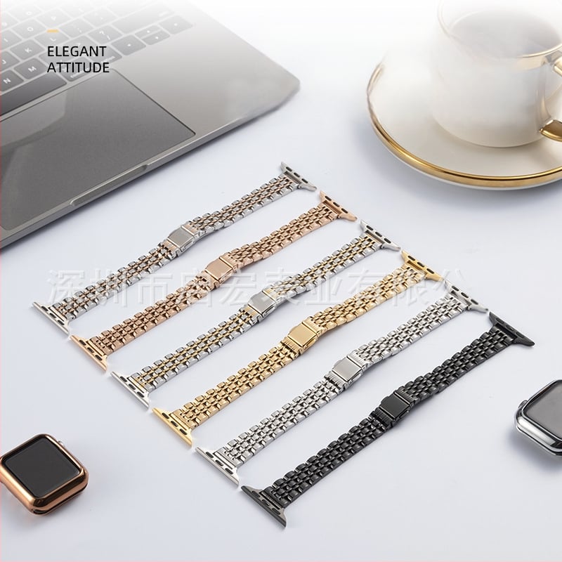 Apple Watch siksna – plāna nerūsējošā tērauda metāla ķēde ar septiņām pērlēm, sprādze ar klikšķi, platums 20 mm/22 mm