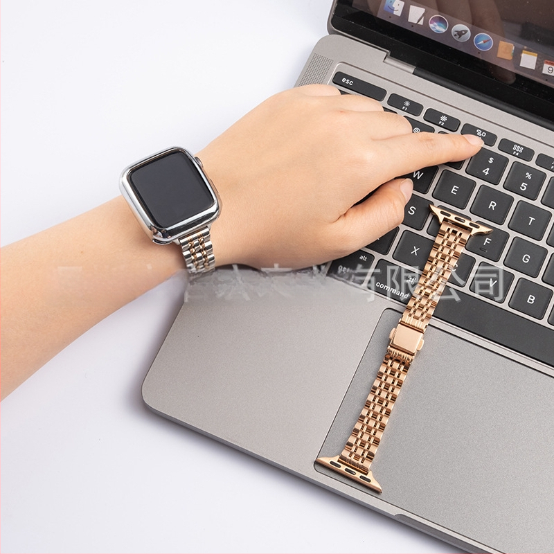 Apple Watch siksna – plāna nerūsējošā tērauda metāla ķēde ar septiņām pērlēm, sprādze ar klikšķi, platums 20 mm/22 mm