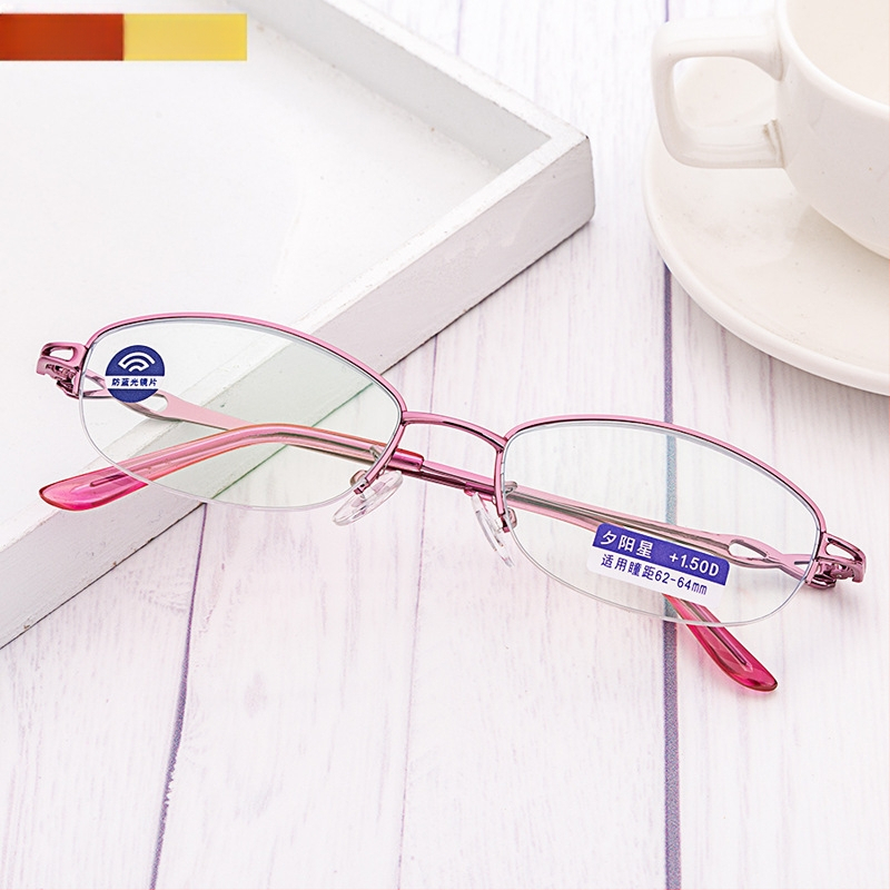Очила за четене с PC лещи против синя светлина, половин рамка, кръгла метална рамка, за дами с дълго лице.