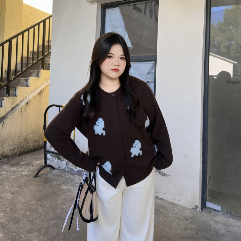 Moterų jacquard megztinis kardiganas, plus dydis, laisvas siluetas, apvalus kaklas, ilgomis rankovėmis