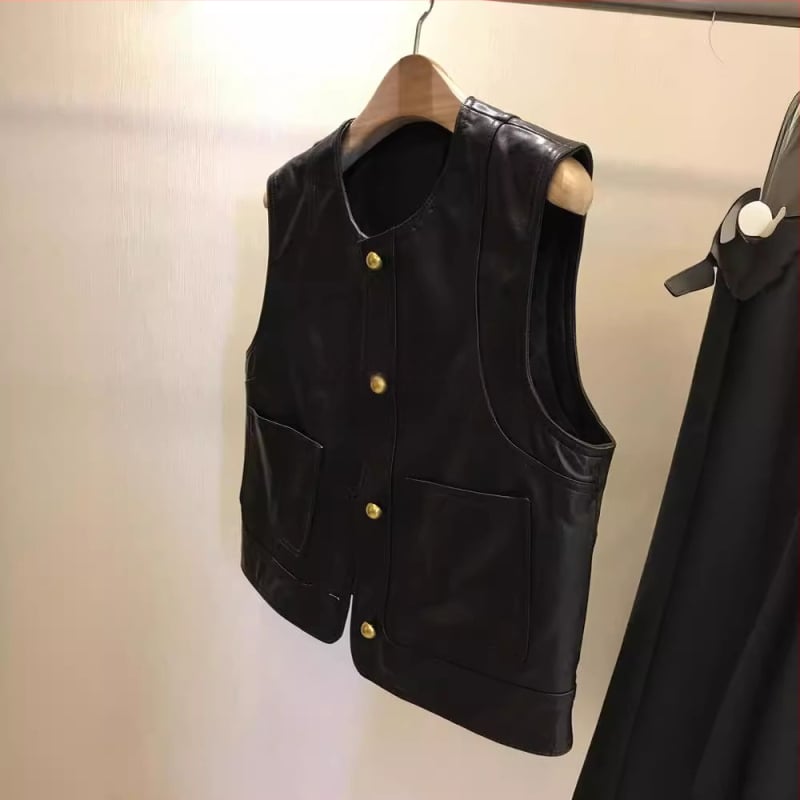 Женски безръкав жилет от PU кожа, свободен силует, кръгло деколте, закопчаване с един ред катарами