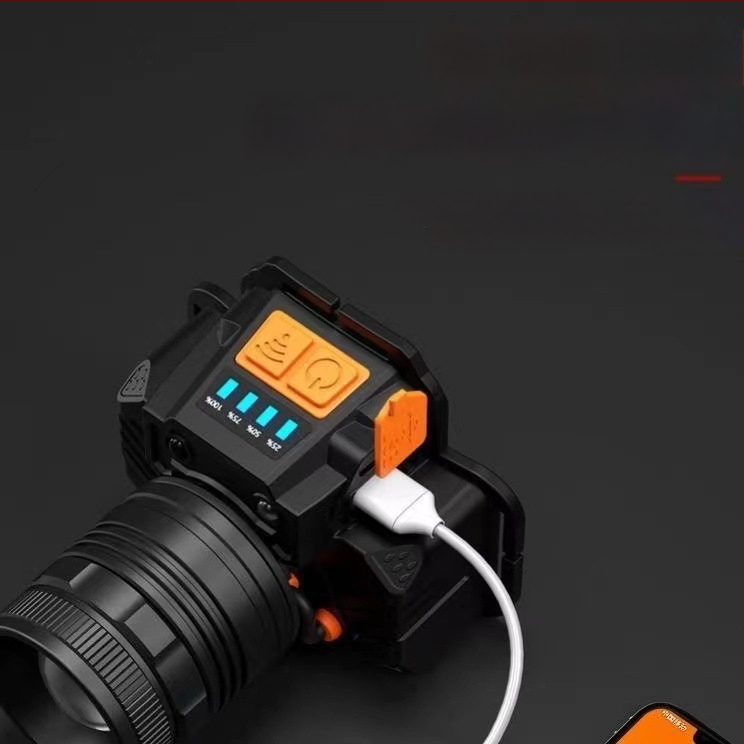 LED fejlámpa — USB újratölthető, szenzoros, hosszú hatótáv 200–500 m, 360°-os forgás (4000 mAh, alumínium ötvözet test)