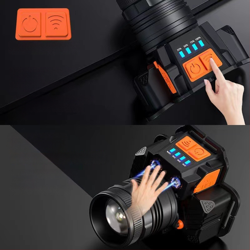 LED fejlámpa — USB újratölthető, szenzoros, hosszú hatótáv 200–500 m, 360°-os forgás (4000 mAh, alumínium ötvözet test)