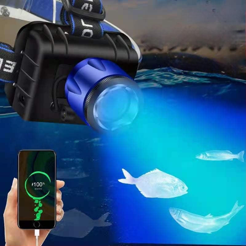 LED fejlámpa kettős fehér–kék LED-del, újratölthető, 120W, 5000mAh, 200–500 m hatótávolság