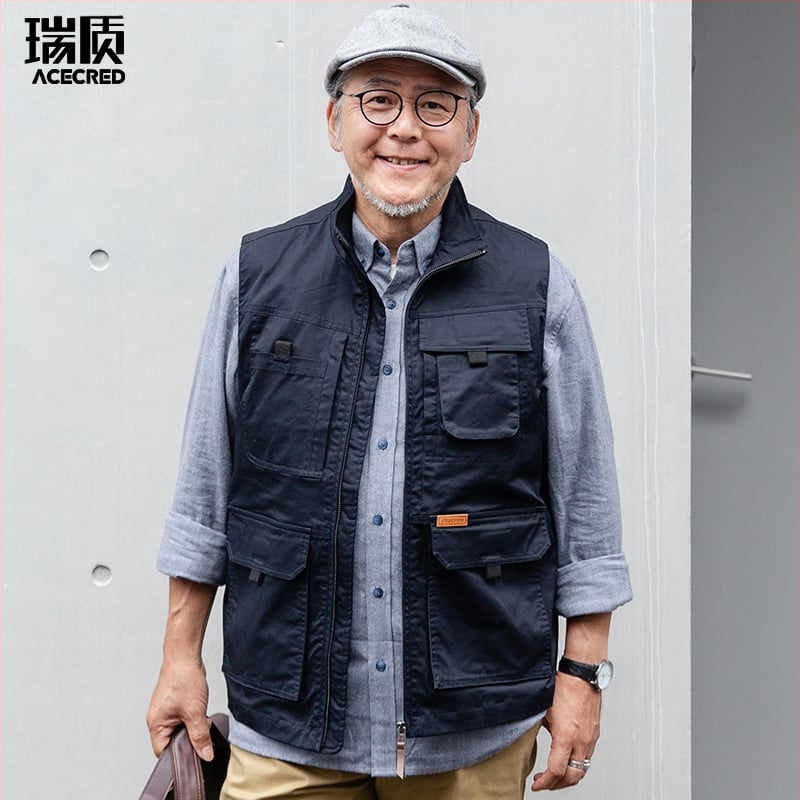 Памучен мъжки жилет с качулка и цип, свободна кройка, стойкова яка, множество джобове