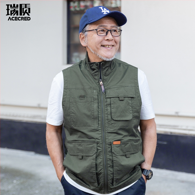 Памучен мъжки жилет с качулка и цип, свободна кройка, стойкова яка, множество джобове