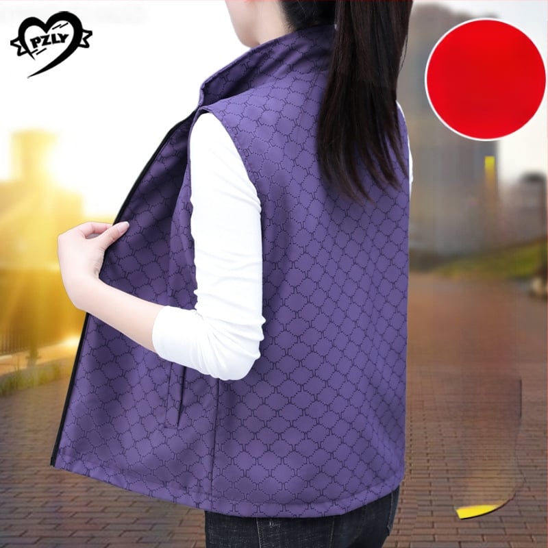 Дамска реверсивна жилетка със стояща яка, преден цип, геометричен принт, полиестерна тъкан