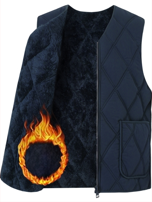 Мъжка памучна жилетка с флийсова подплата, дебела, качулка, V-образно деколте, цип, джобове с патч дизайн