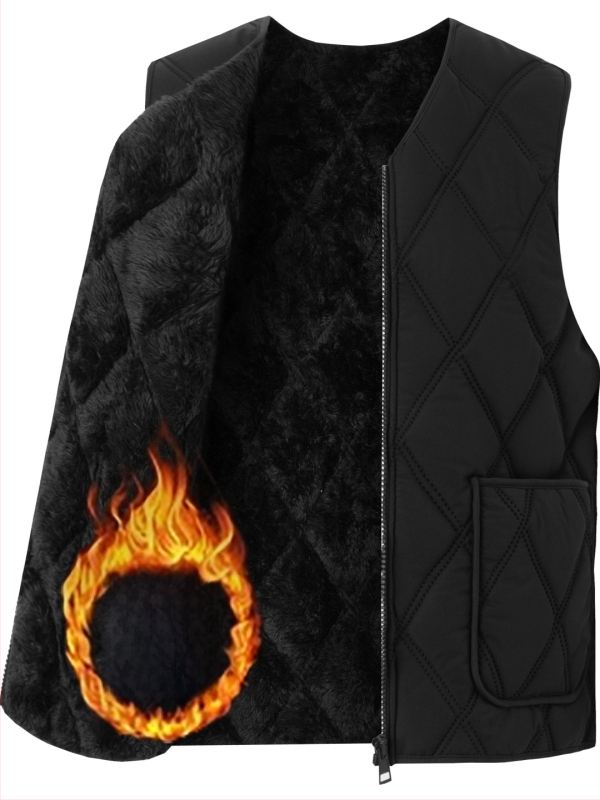 Мъжка памучна жилетка с флийсова подплата, дебела, качулка, V-образно деколте, цип, джобове с патч дизайн