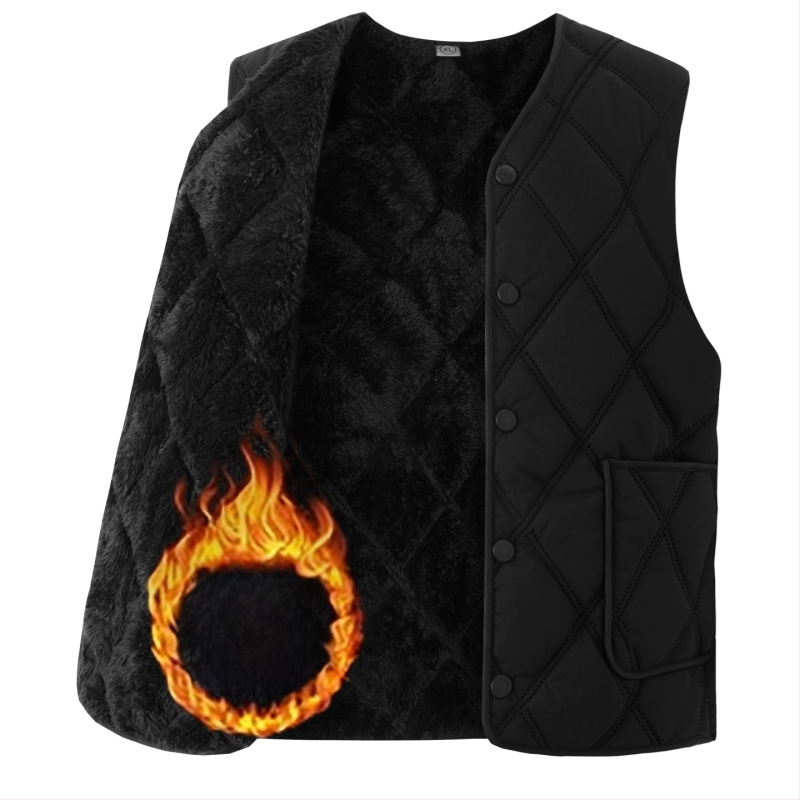 Мъжка памучна жилетка с флийсова подплата, дебела, качулка, V-образно деколте, цип, джобове с патч дизайн