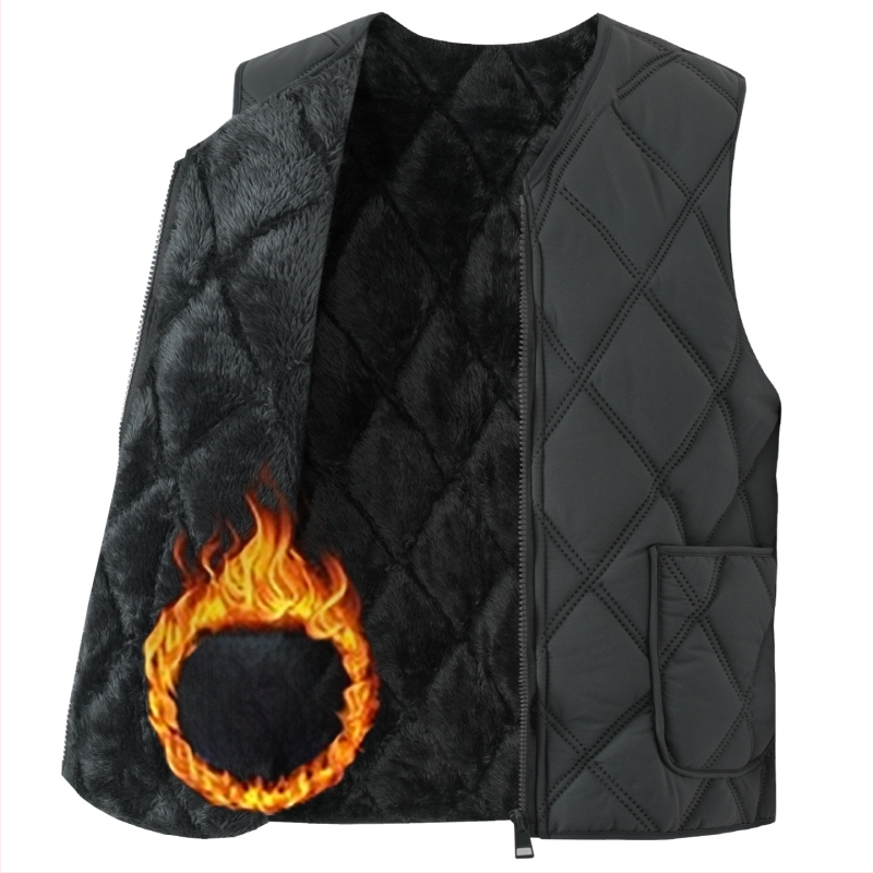 Мъжка памучна жилетка с флийсова подплата, дебела, качулка, V-образно деколте, цип, джобове с патч дизайн