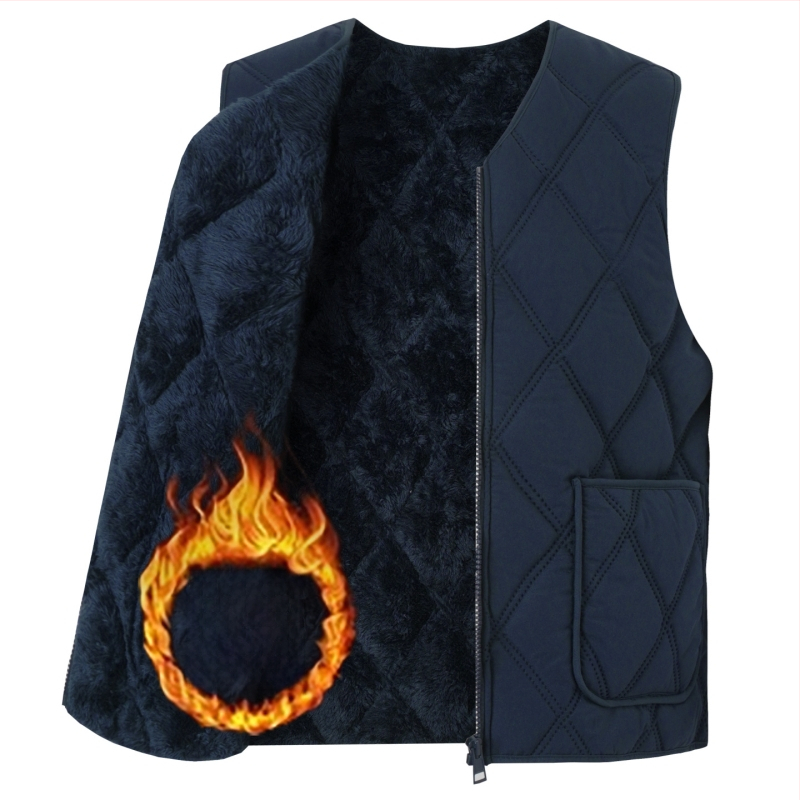 Мъжка памучна жилетка с флийсова подплата, дебела, качулка, V-образно деколте, цип, джобове с патч дизайн