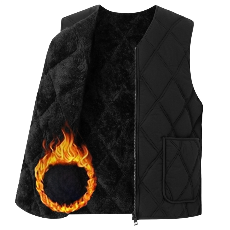 Мъжка памучна жилетка с флийсова подплата, дебела, качулка, V-образно деколте, цип, джобове с патч дизайн