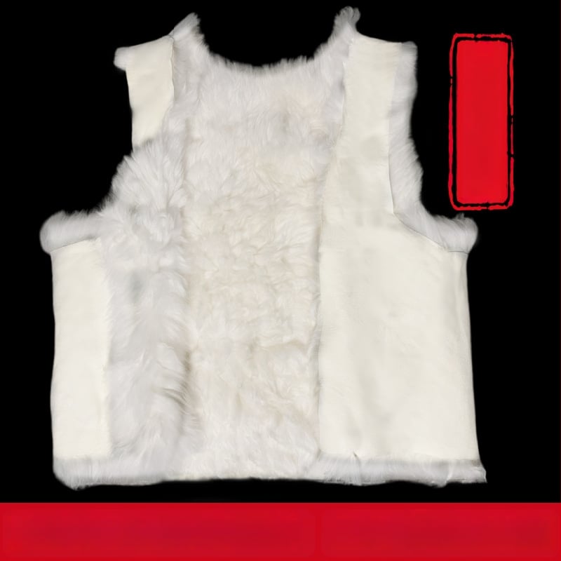 Мъжки жилет от зайчи пух и кадифено платно, с качулка, V-образно деколте, ивици