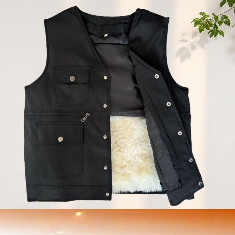 Мъжки жилет от зайчи пух и кадифено платно, с качулка, V-образно деколте, ивици