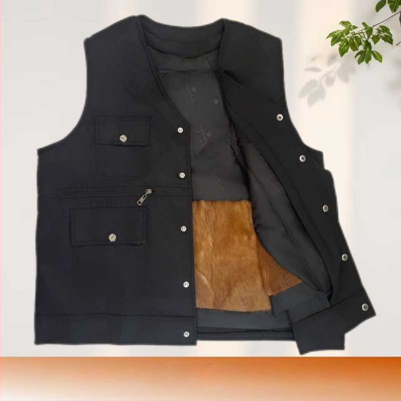 Мъжки жилет от зайчи пух и кадифено платно, с качулка, V-образно деколте, ивици