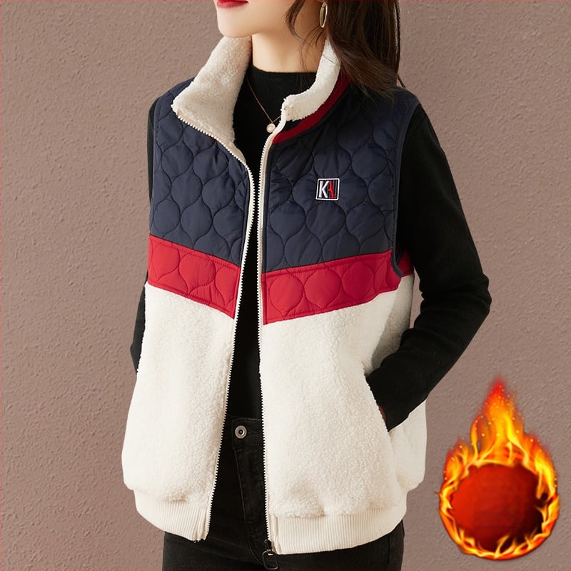 Женска жилетка със стояща яка, удебелена за зима, памук, патчворк, цип