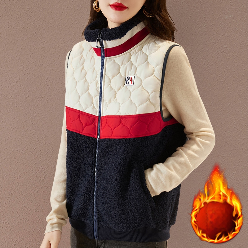 Женска жилетка със стояща яка, удебелена за зима, памук, патчворк, цип