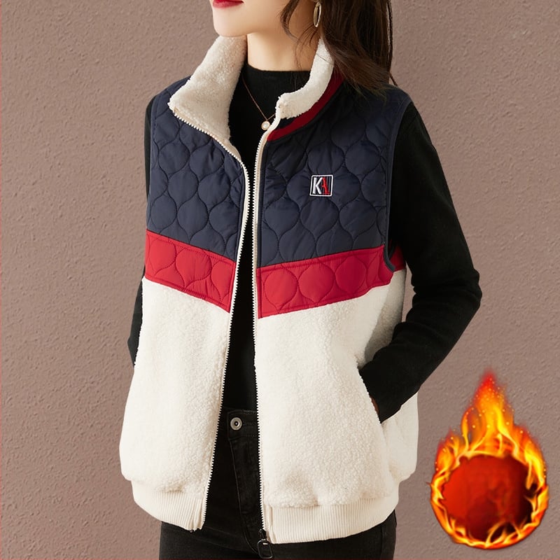 Женска жилетка със стояща яка, удебелена за зима, памук, патчворк, цип