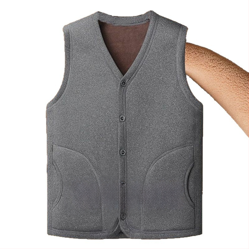 Мъжка жилетка с плюшено подплатяване, топла и квилтирана, V-образно деколте, едноредово копчане, странични джобове