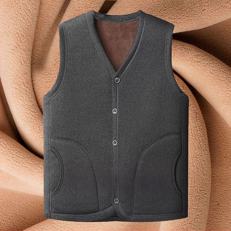 Мъжка жилетка с плюшено подплатяване, топла и квилтирана, V-образно деколте, едноредово копчане, странични джобове