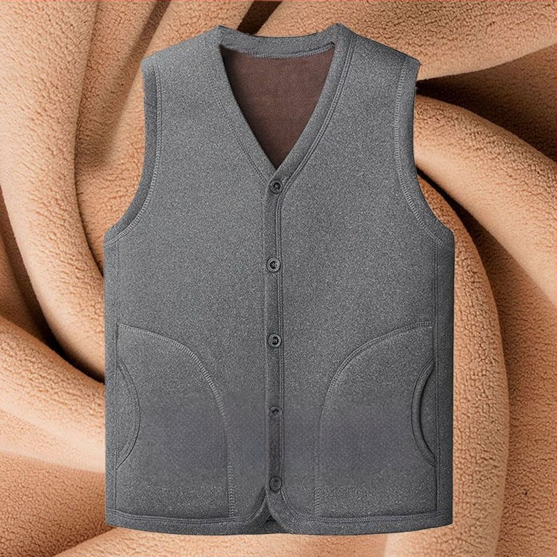 Мъжка жилетка с плюшено подплатяване, топла и квилтирана, V-образно деколте, едноредово копчане, странични джобове