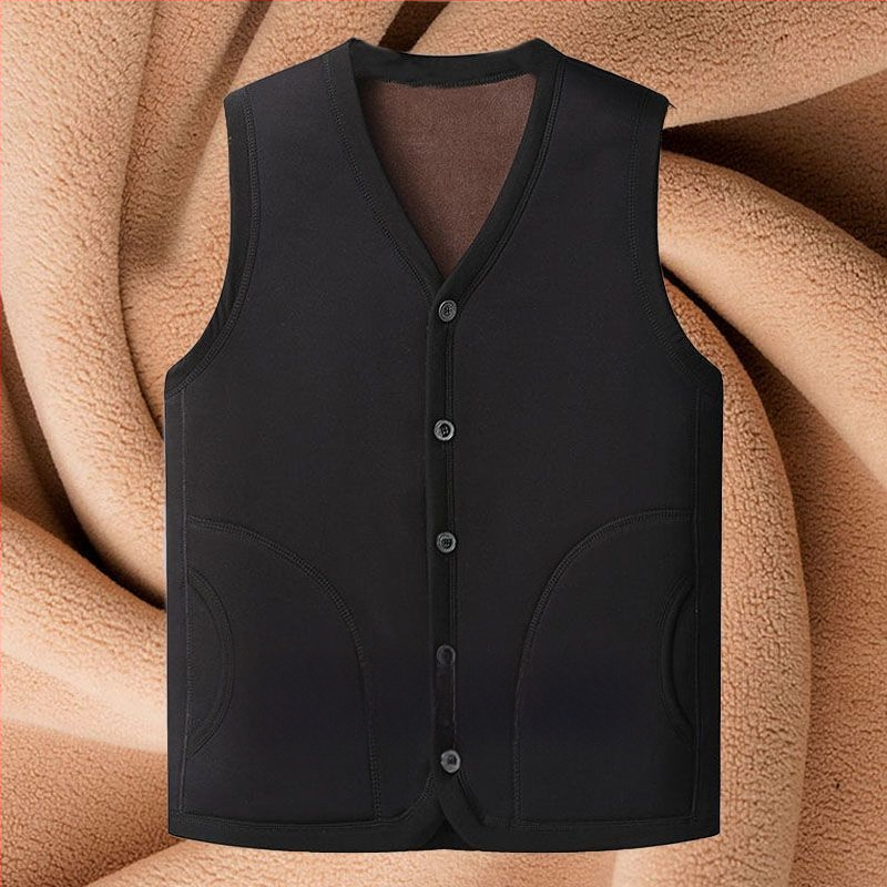 Мъжка жилетка с плюшено подплатяване, топла и квилтирана, V-образно деколте, едноредово копчане, странични джобове