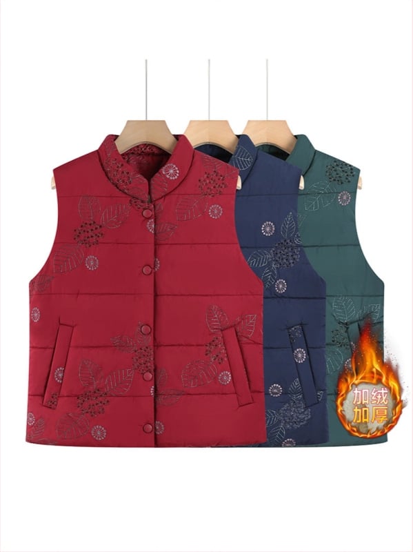 Жилетка със стойкова яка, кардиган стил, флорални мотиви, пълнеж от памук, полиестерна материя